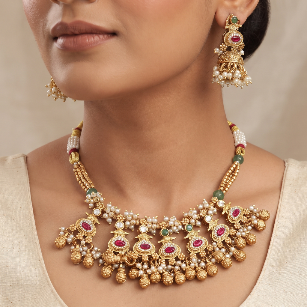 Traditional Gold-Plated Ruby Stone Bib Necklace Set