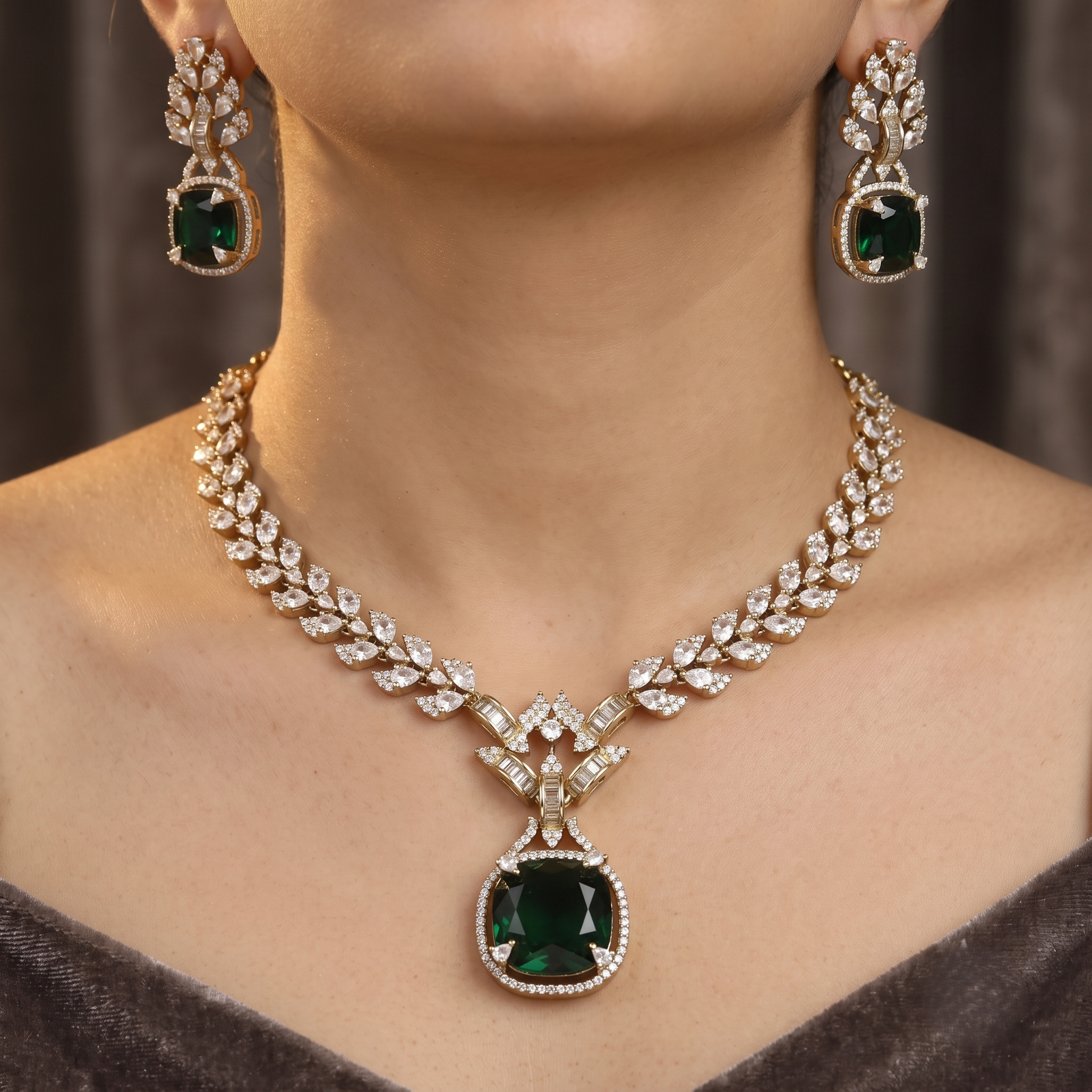 Mehndi Polished Emerald Stone & CZ Leaf Design Necklace Set with Earrings