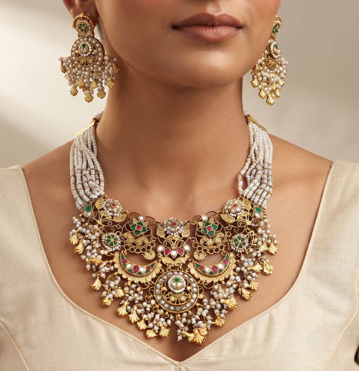 Traditional Gold-Plated Pearl Multi-Strand Wedding Necklace Set