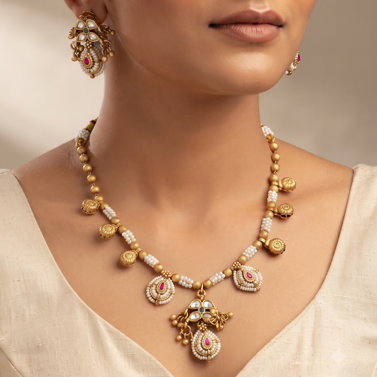 Traditional Gold-Plated Beaded Long Necklace Set