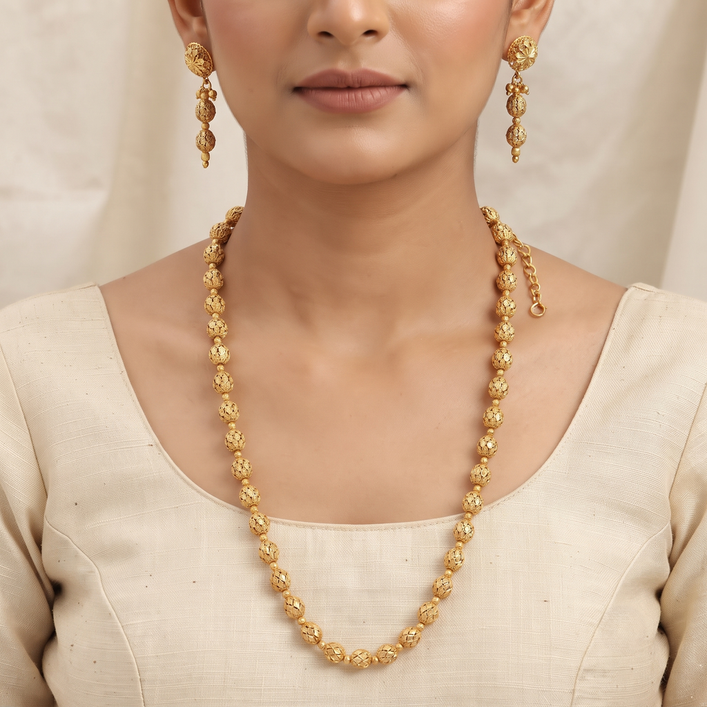 Traditional Gold-Plated Lattice Beaded Mala Set with Earrings