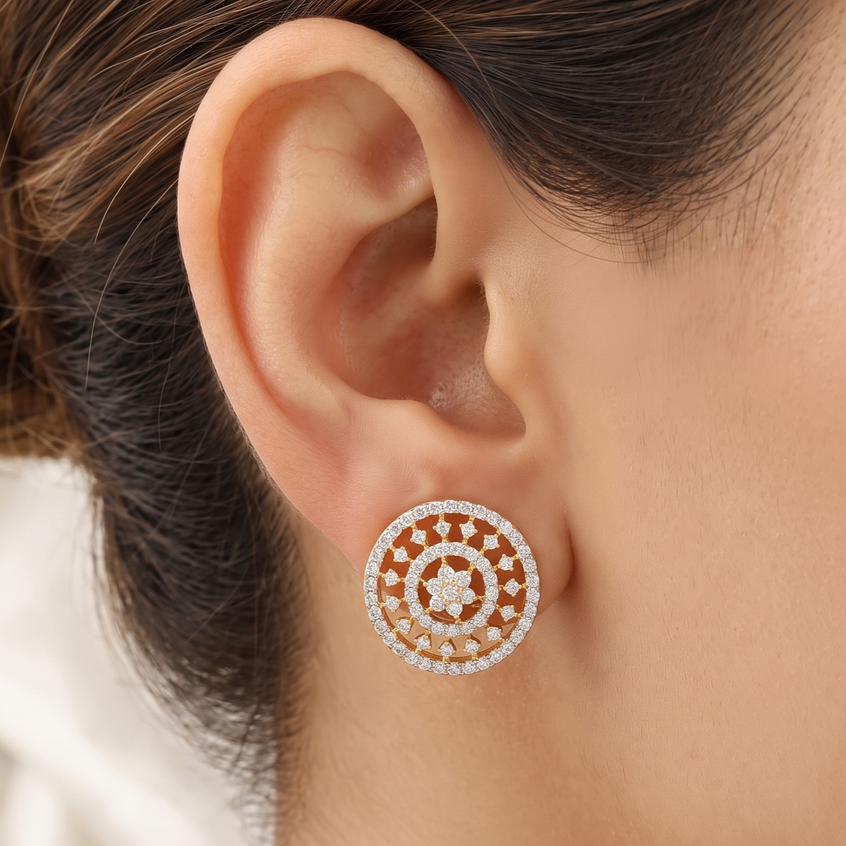 Gold Plated Circular Lattice Diamond Stud Earrings