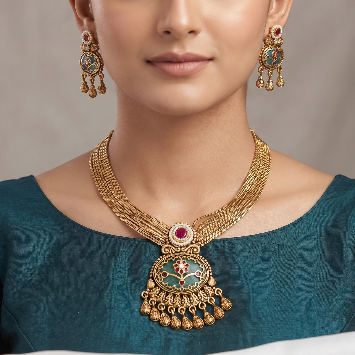 Traditional Gold-Plated Multi-Strand Enamel Pendant Necklace Set