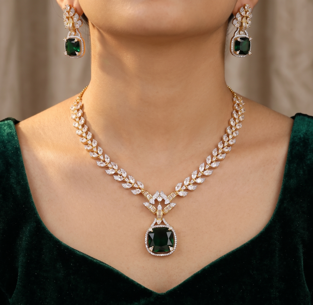 Emerald Stone & CZ Leaf Design Necklace Set with Earrings