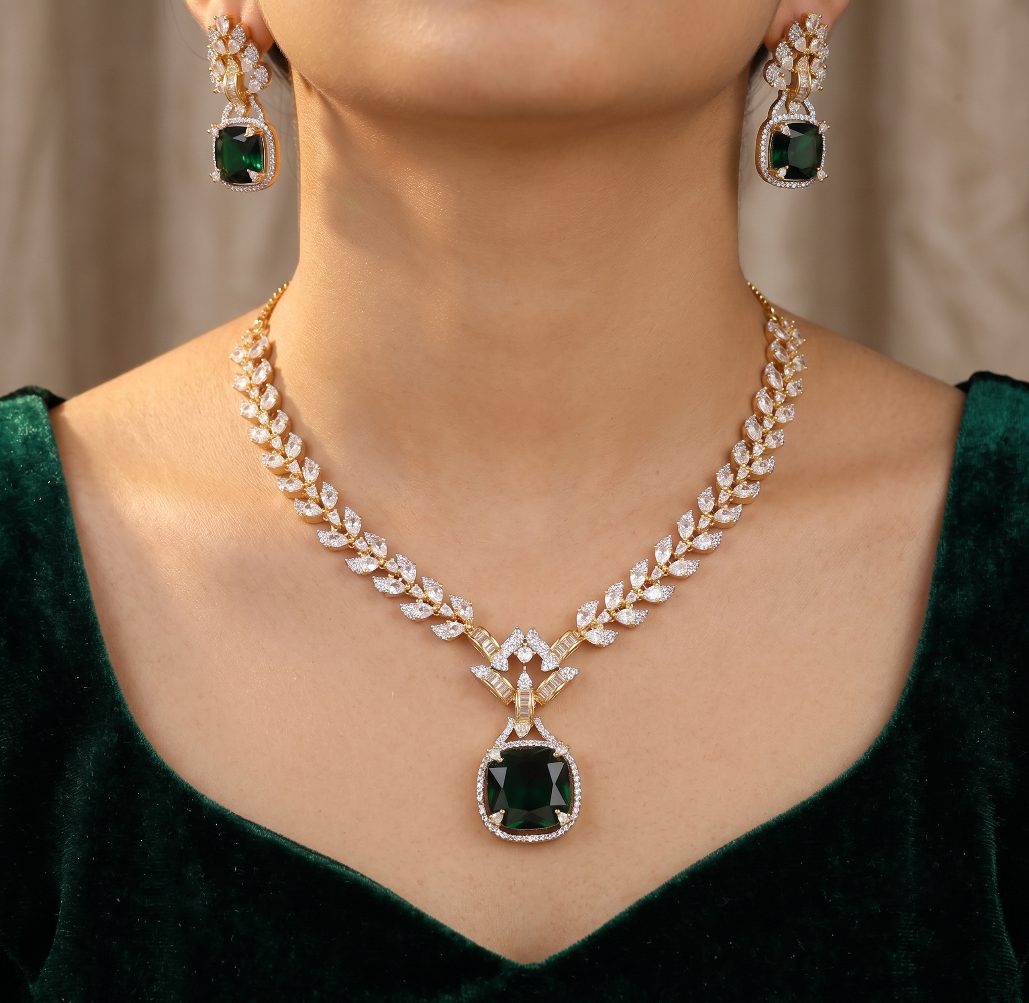 Emerald Stone & CZ Leaf Design Necklace Set with Earrings