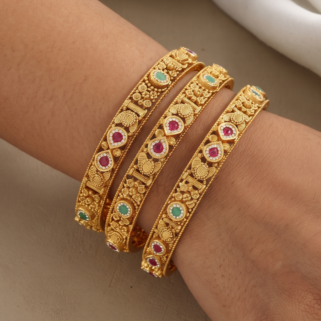Traditional Gold-Plated Ruby & Emerald Stone Bangles