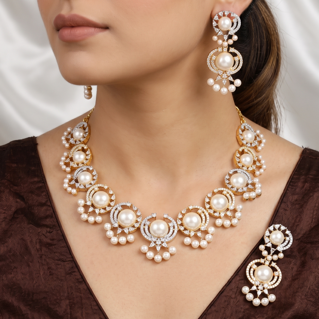 Gold Polished Pearl & American Diamond Necklace Set with Earrings