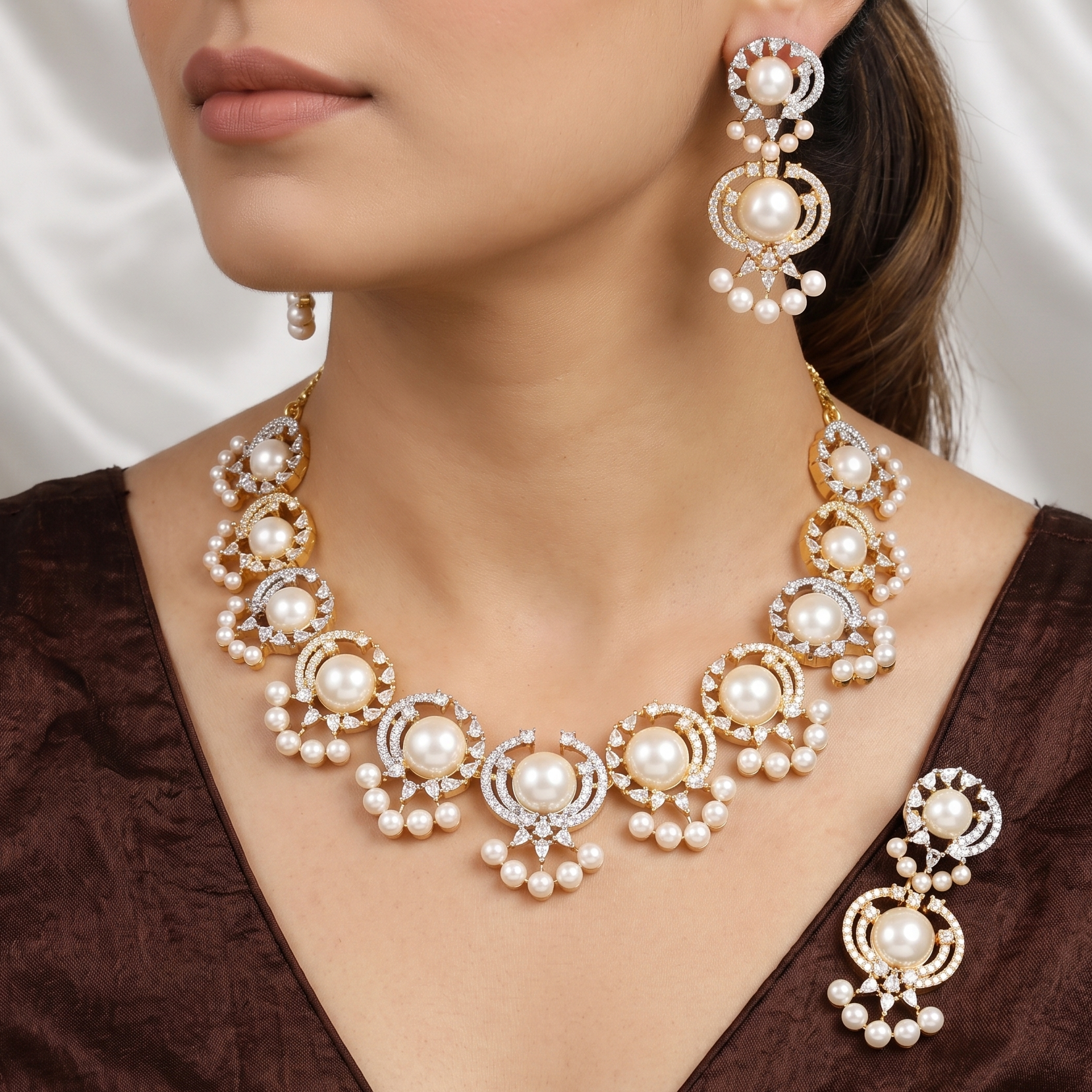 Gold Polished Pearl & American Diamond Necklace Set with Earrings