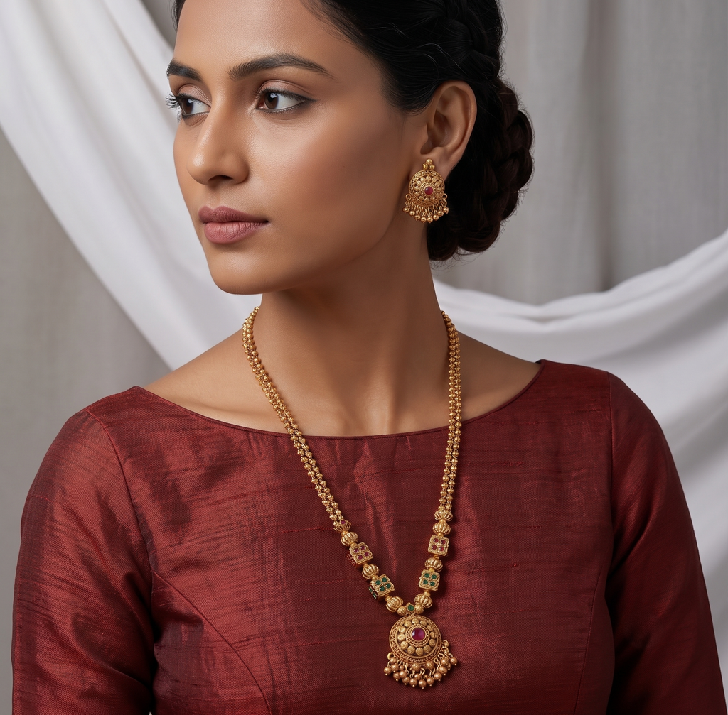 Traditional Gold-Plated Stone-Studded Long Mala Set