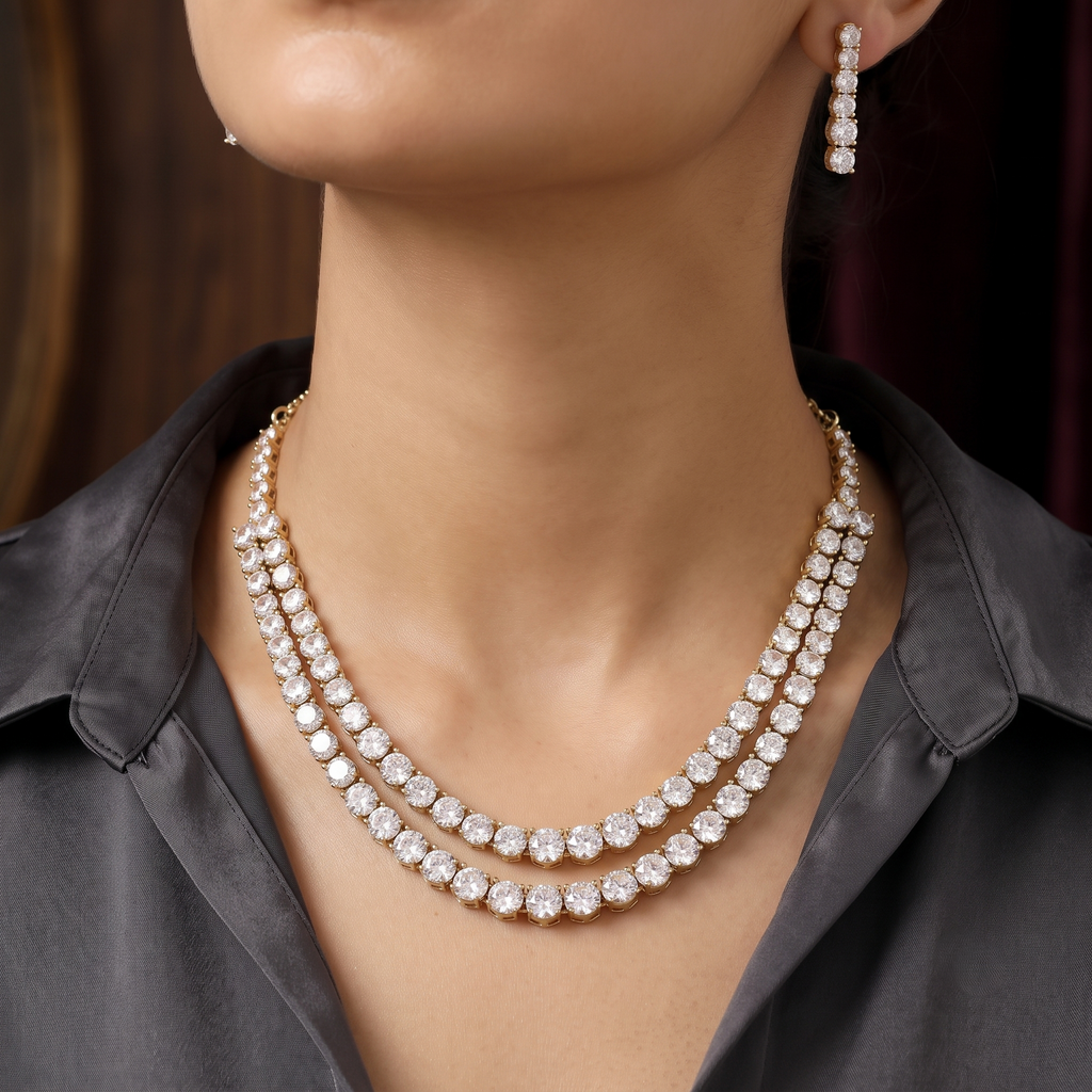 Mehndipolished Double Layer American Diamond Necklace Set with Earrings