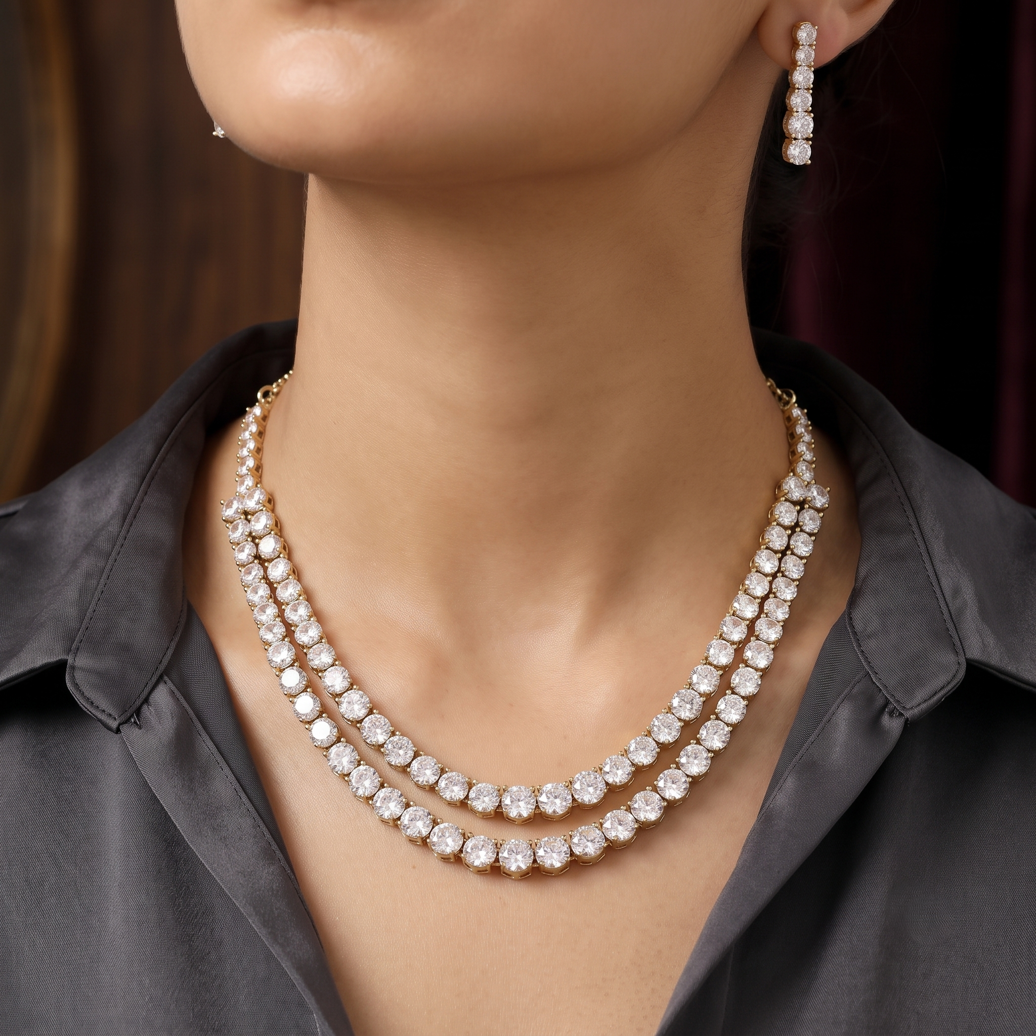 Mehndipolished Double Layer American Diamond Necklace Set with Earrings
