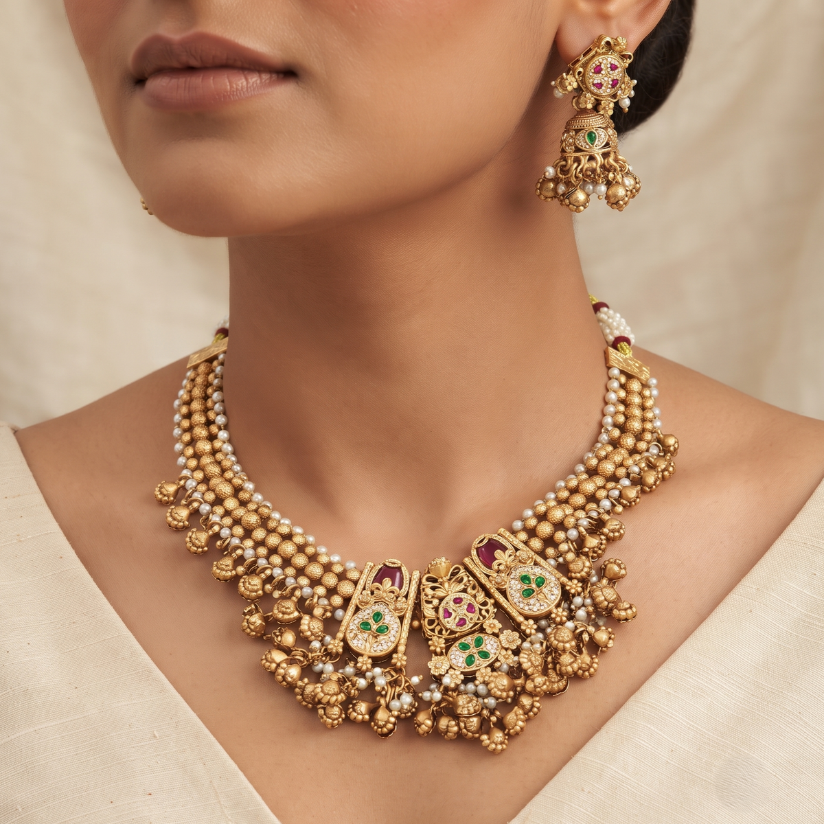 Traditional Gold-Plated Beaded & Stone Necklace Set