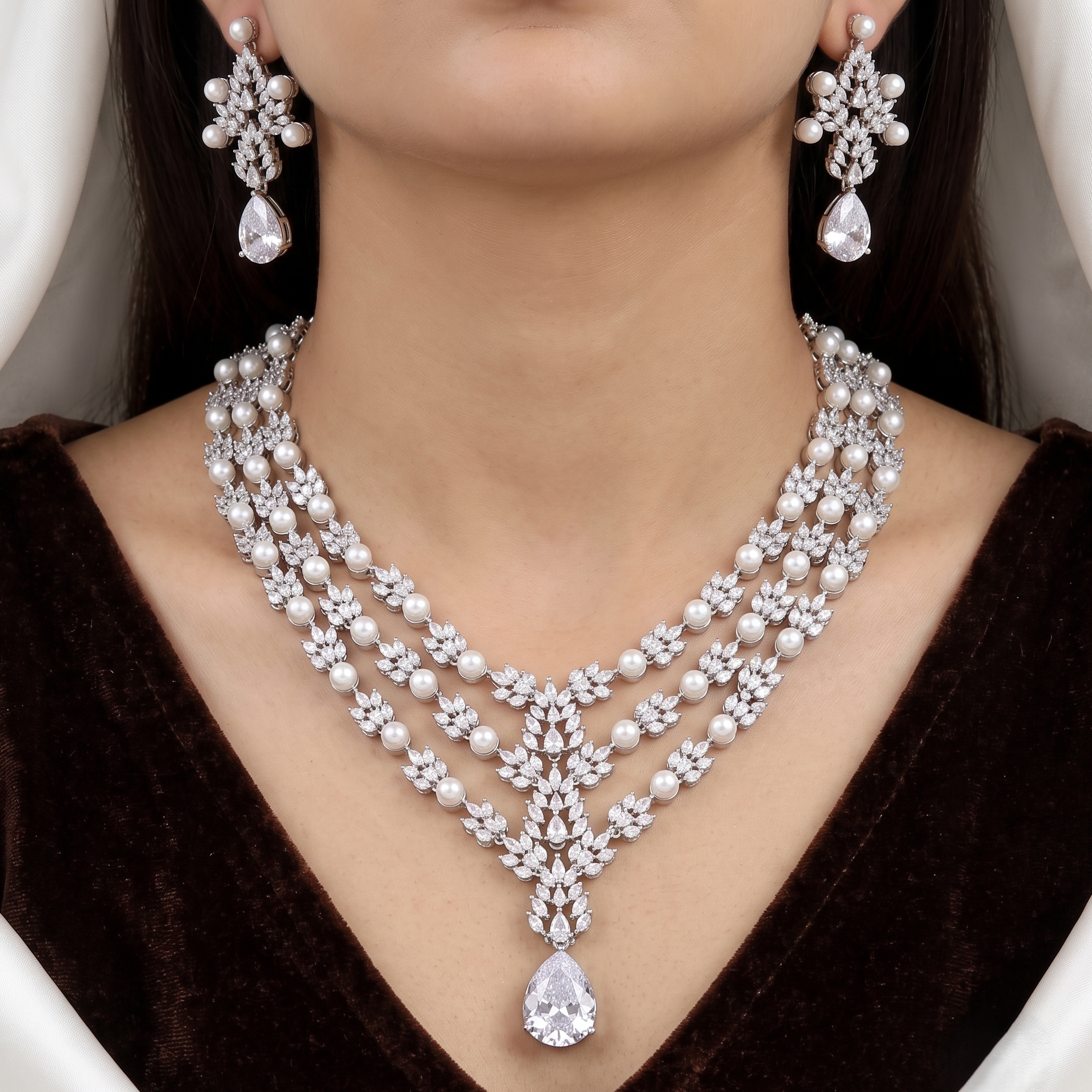Designer Silver-Tone Pearl & Cubic Zirconia Bridal Necklace Set