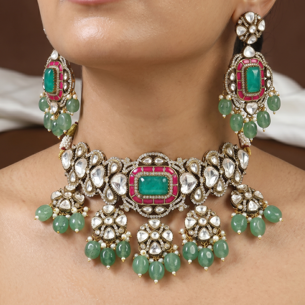 Traditional Kundan Choker & Earrings Set with Mint Green Beads