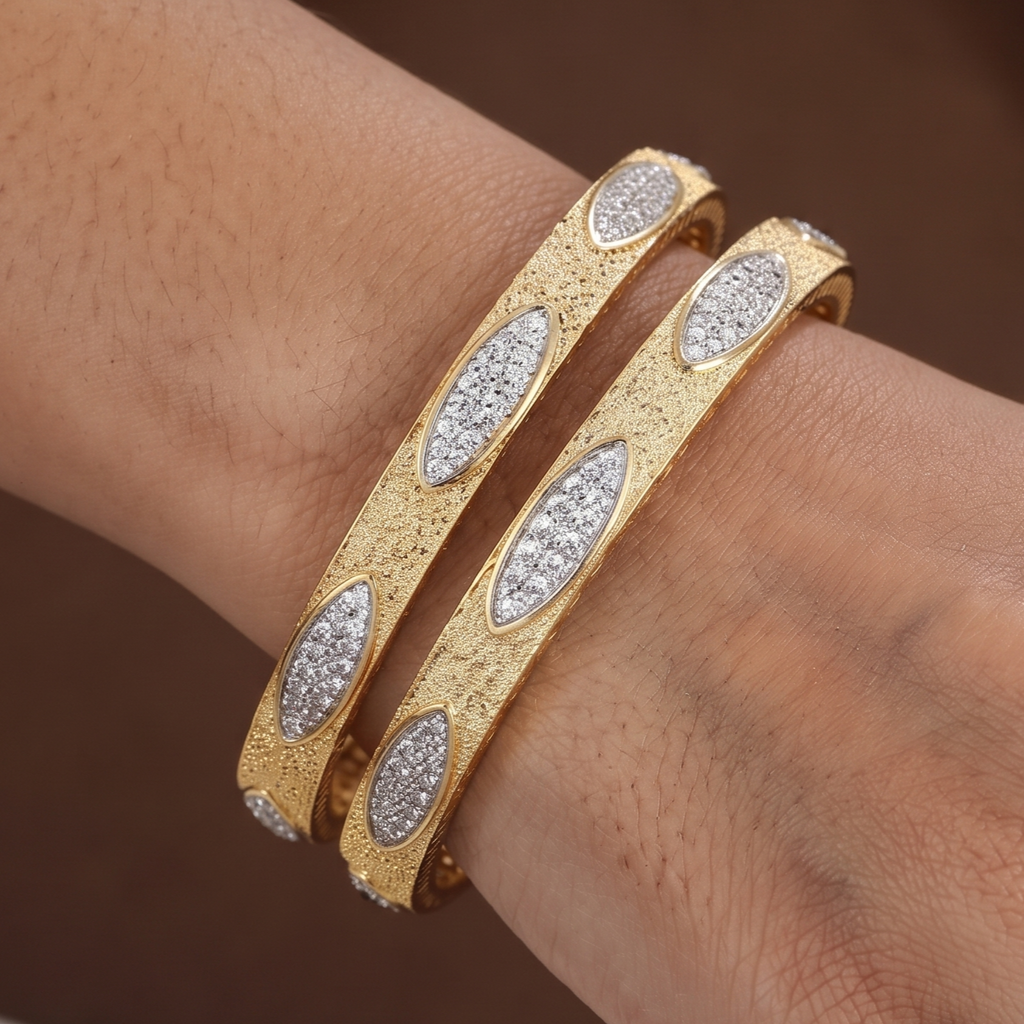 Gold-Plated Matte Finish CZ Oval Pattern Bangles