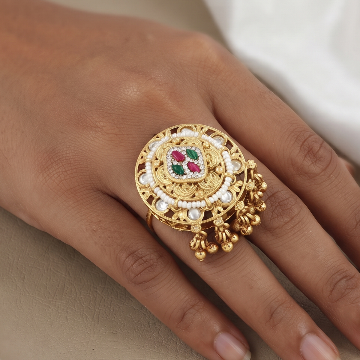 Antique Gold Round Kundan Ring with Ruby & Emerald Stones