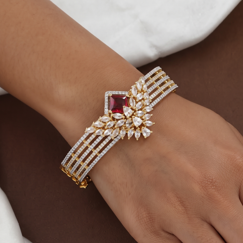 Gold Polished Royal Sapphire & Stone Gold Bangle Bracelet