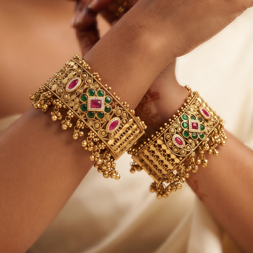 Antique Gold Gemstone Designer Bangles Patla Set