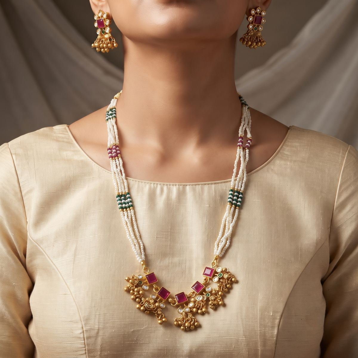 Traditional Gold-Plated Multi-Strand Pearl & Stone Long Necklace Set