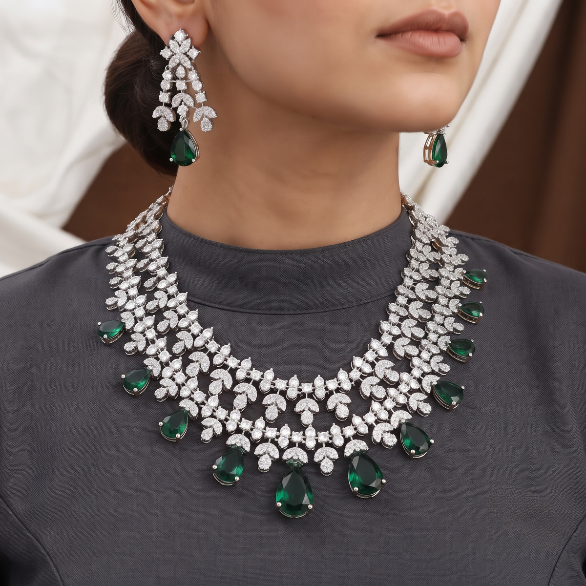 Layered Crystal & Teardrop Emerald Necklace Set