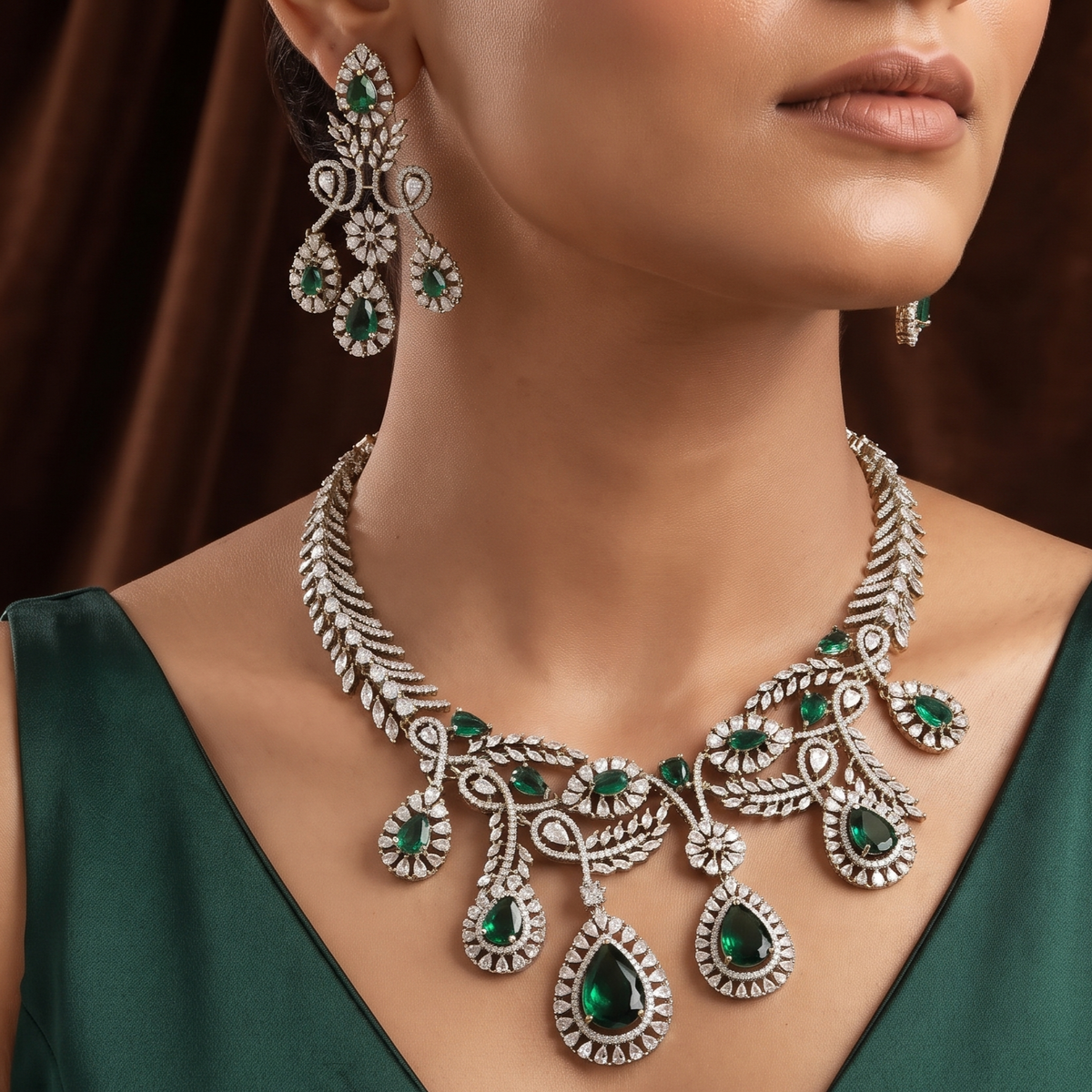 Glittering Emerald & Crystal Statement Diamond Necklace Set