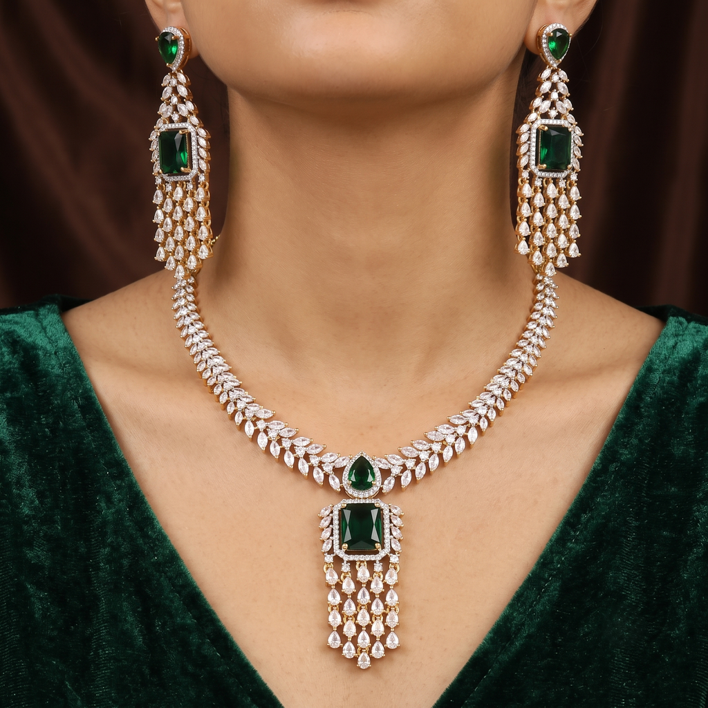 Golden Polished American Diamond Necklace Set with Earrings