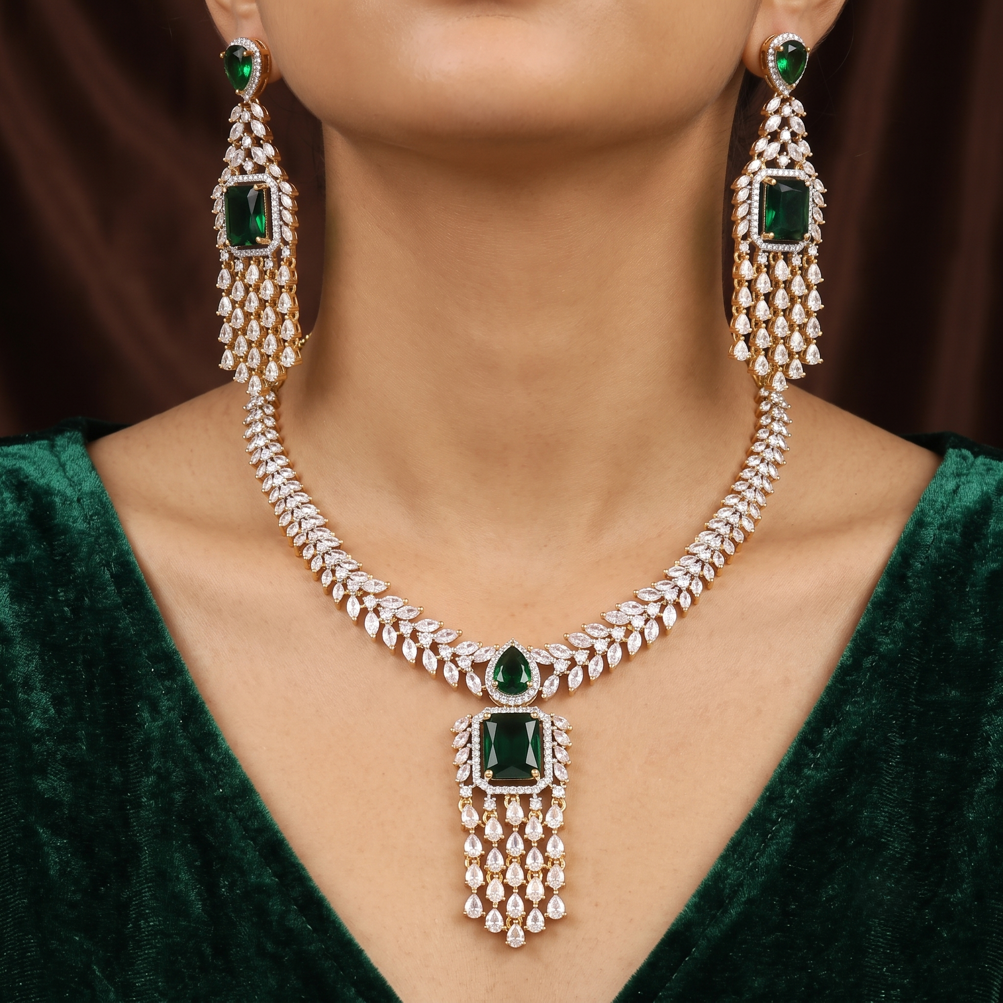 Golden Polished American Diamond Necklace Set with Earrings