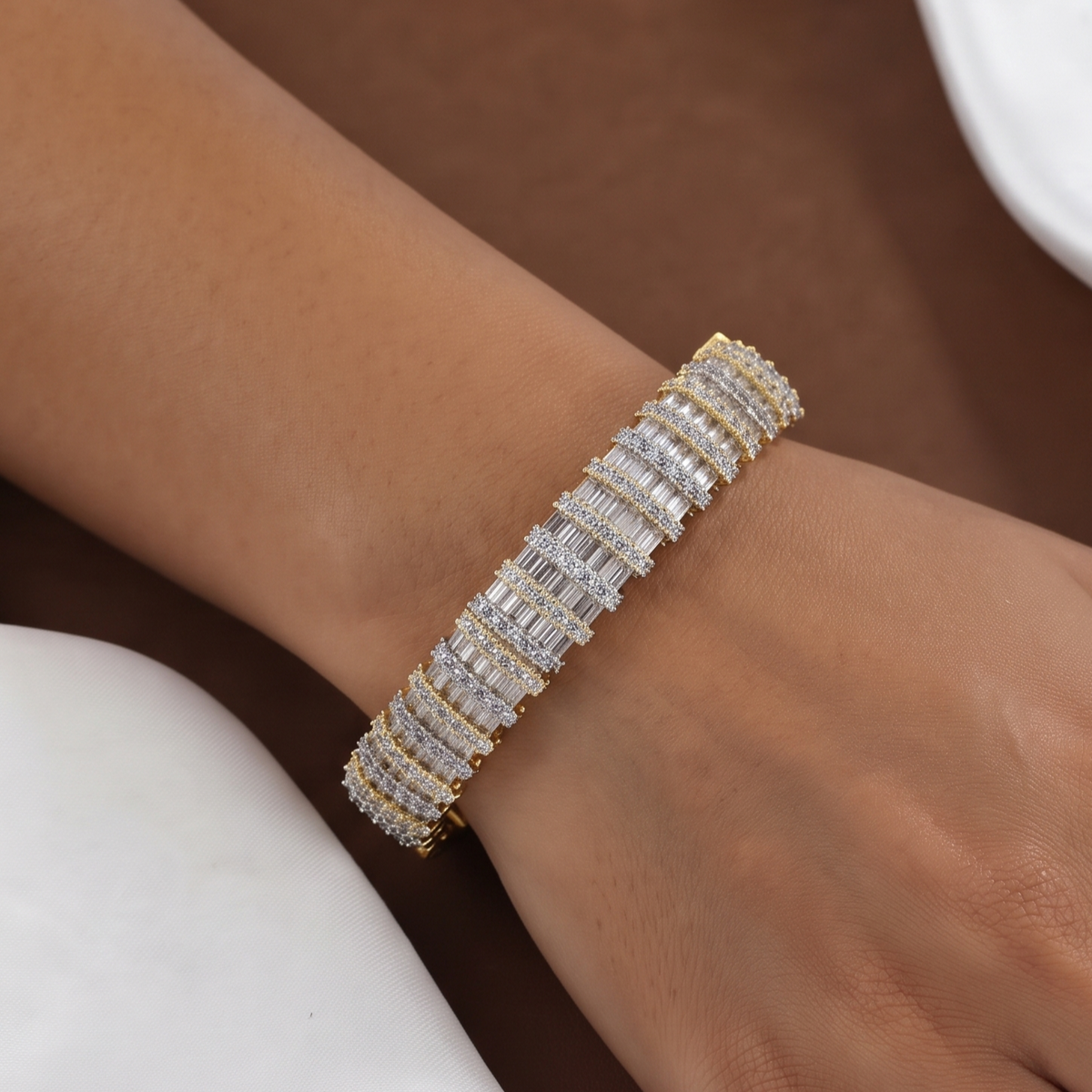Layered Baguette Diamond Gold Polish Finish Bangle Bracelet