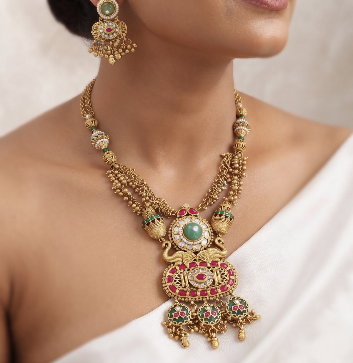 Traditional Gold-Plated Emerald & Ruby Stone Long Necklace Set