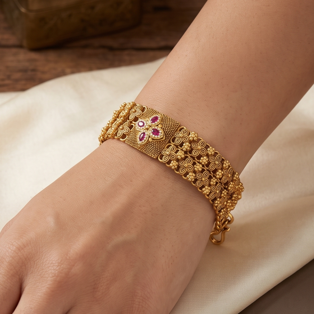 Antique Gold Floral Mesh Ruby Bracelet