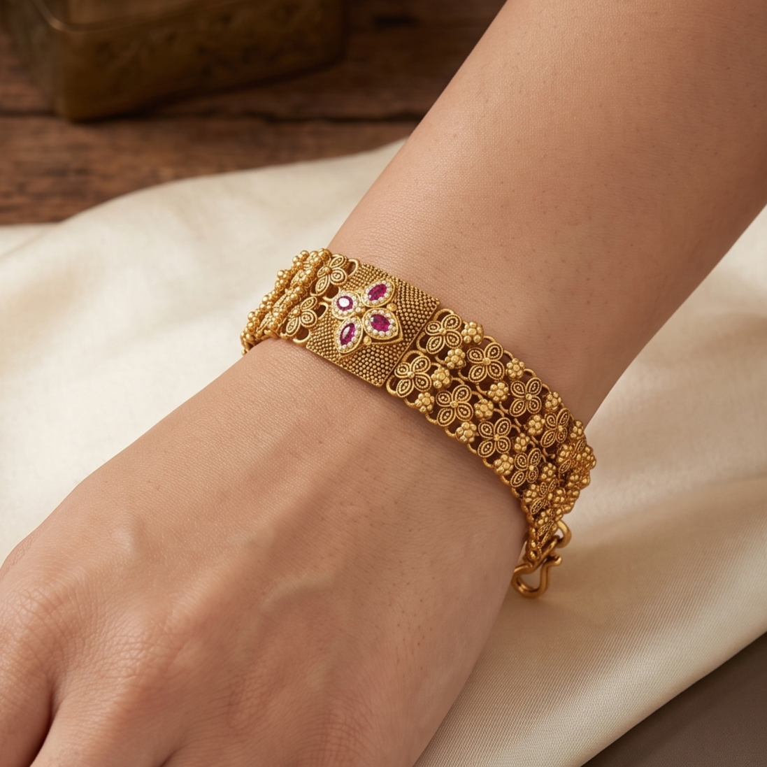 Antique Gold Floral Mesh Ruby Bracelet