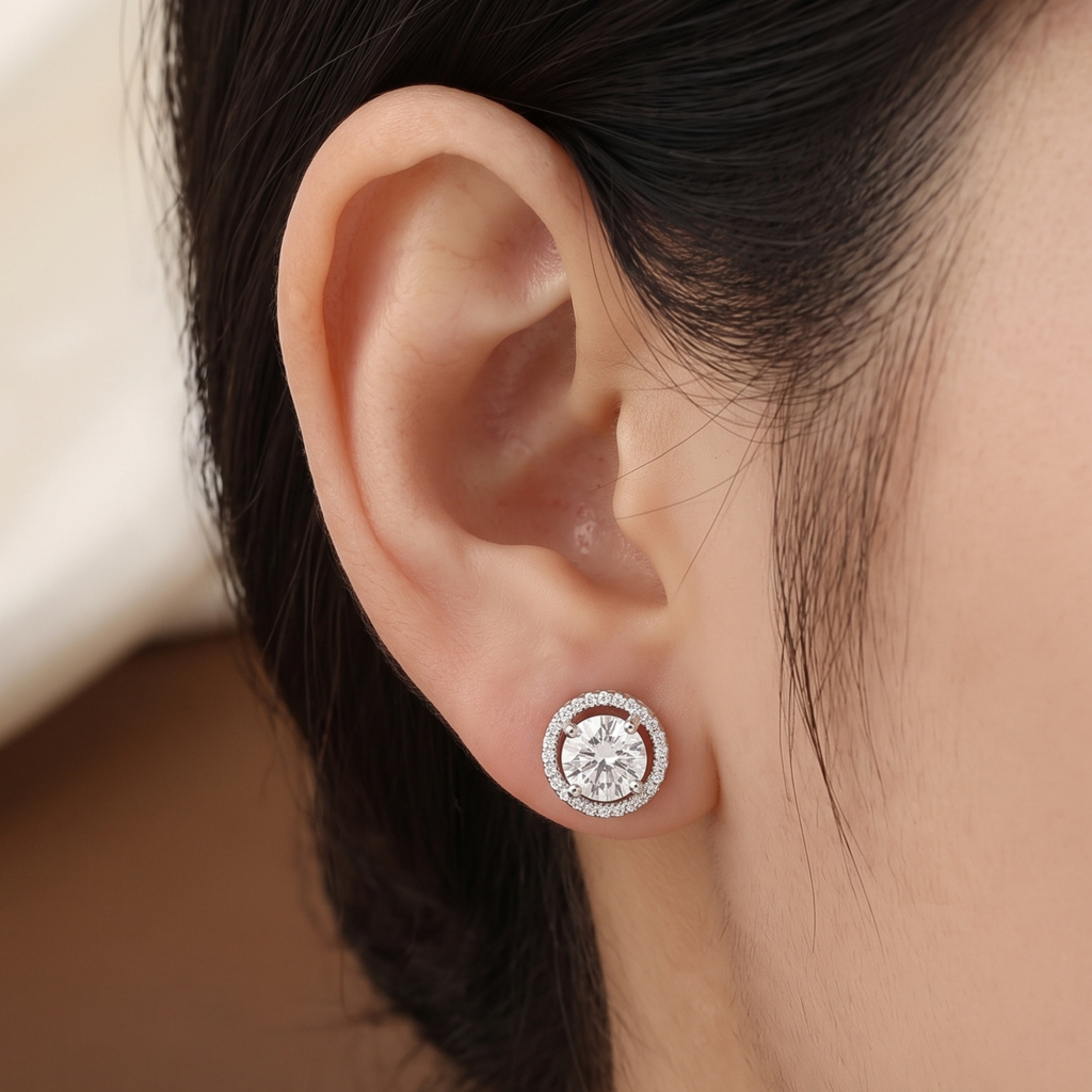 Silver Plated Solitaire Halo Stud Earrings
