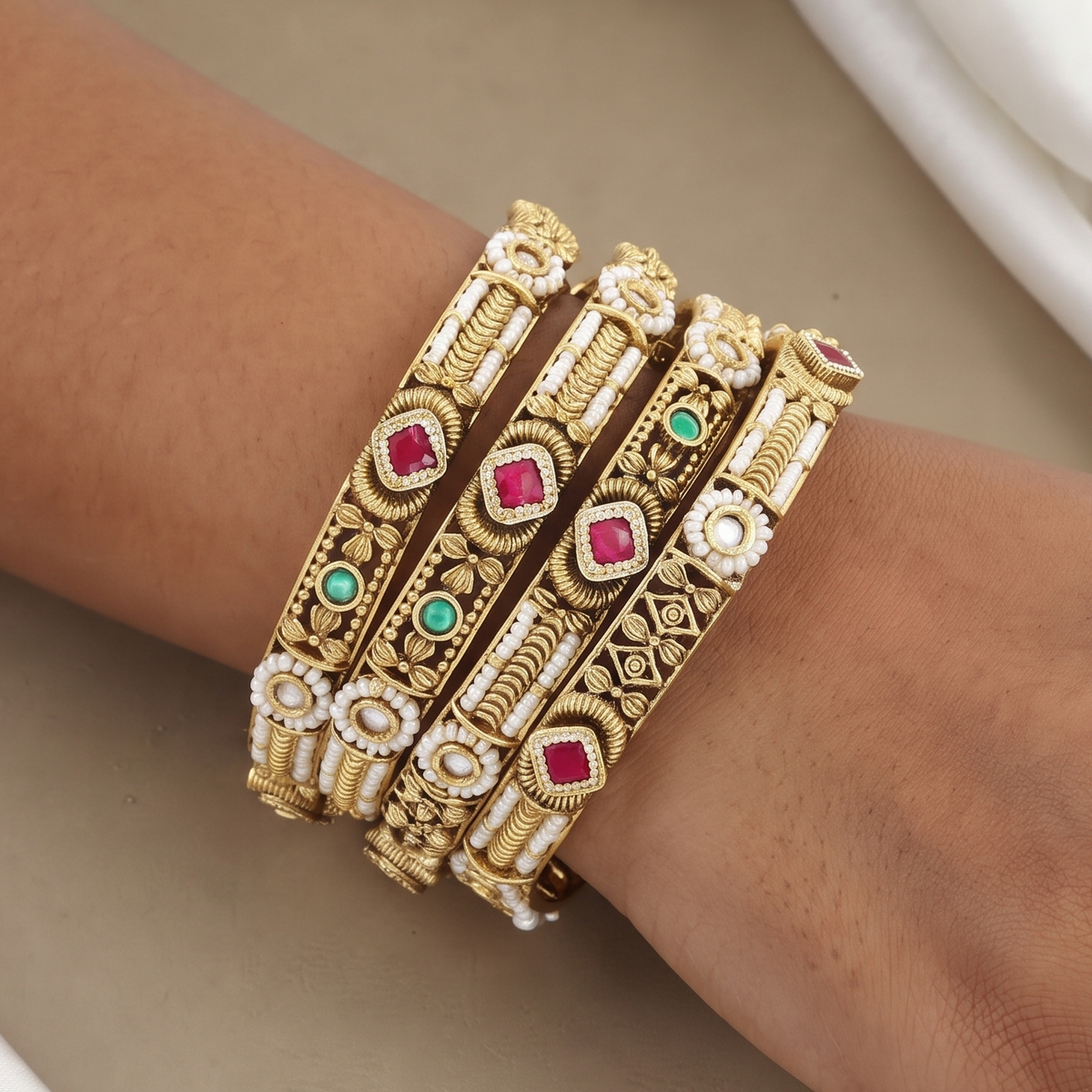 Traditional Gold Plated Meenakari & Polki Bangles Set