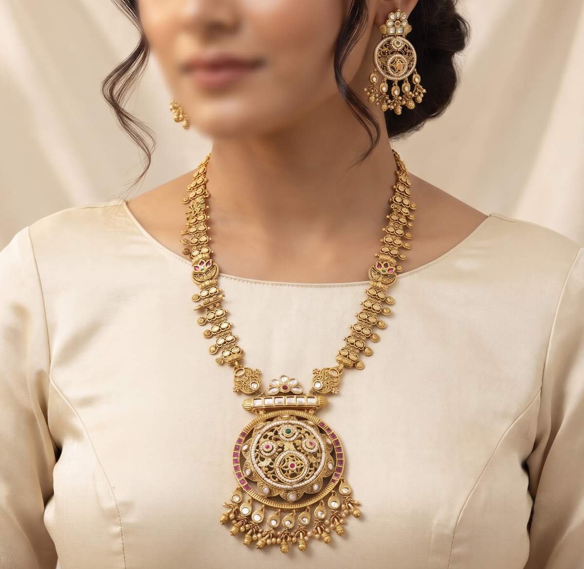 Traditional Gold-Plated Temple Long Necklace Set