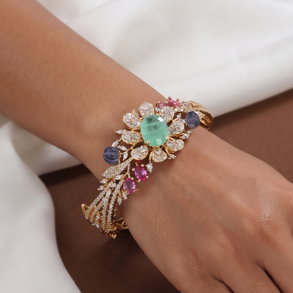 Multicolor Stone Enchanting Floral Gemstone Gold Bangle