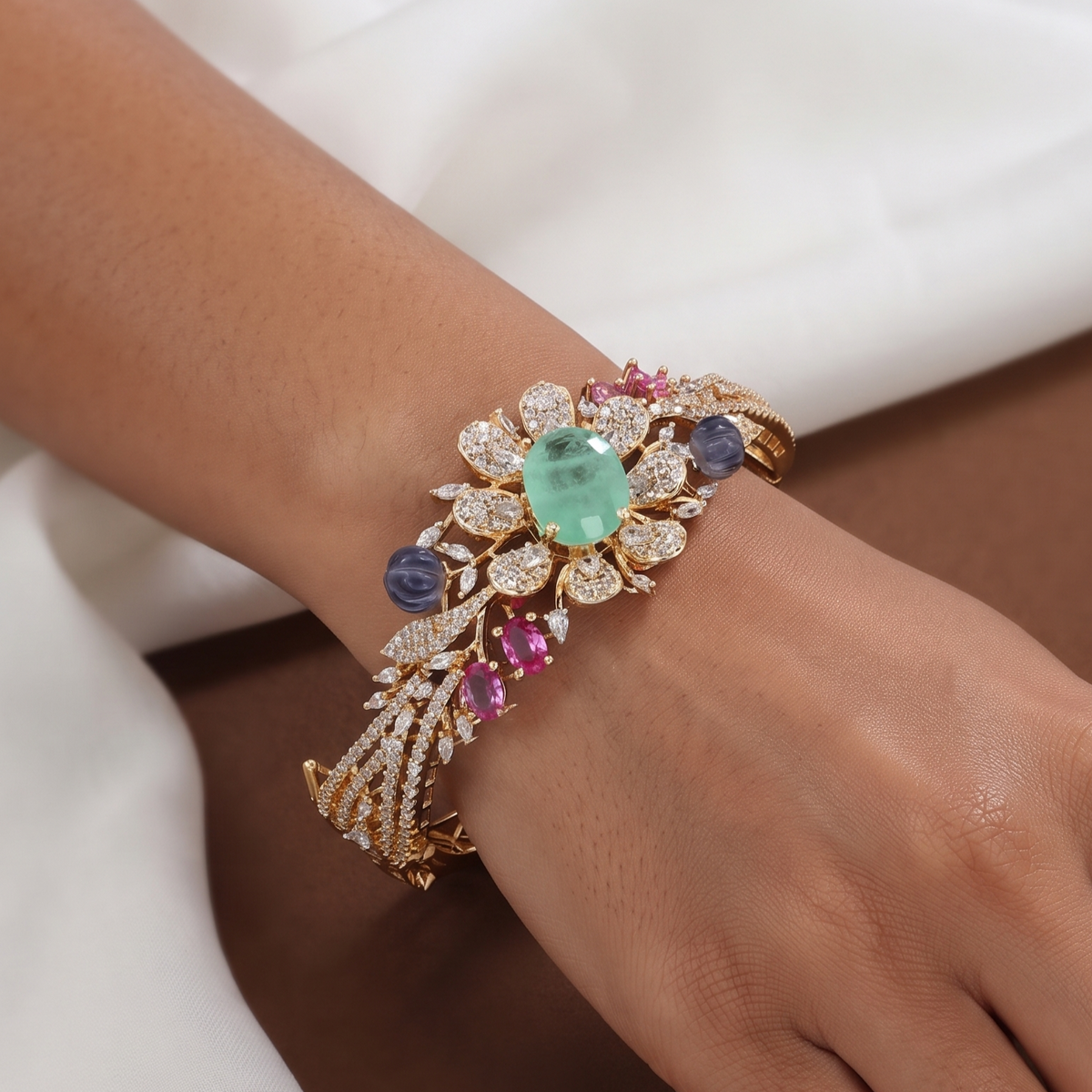 Multicolor Stone Enchanting Floral Gemstone Gold Bangle
