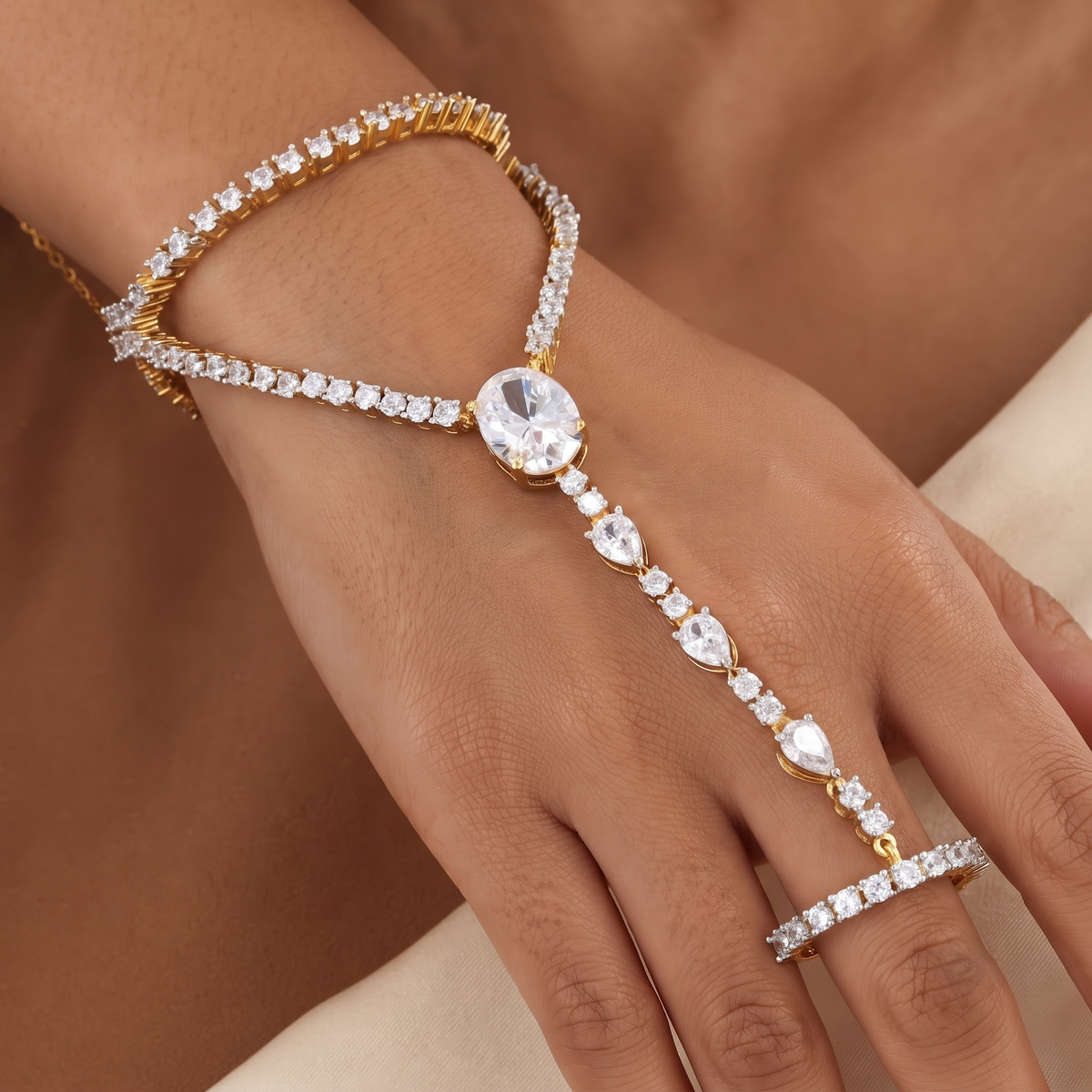Gold-Plated CZ Oval & Pear Stone Haathphool