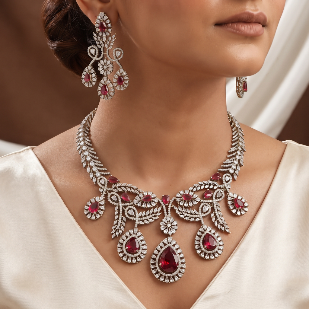 Glittering Emerald & Crystal Statement Diamond Necklace Set