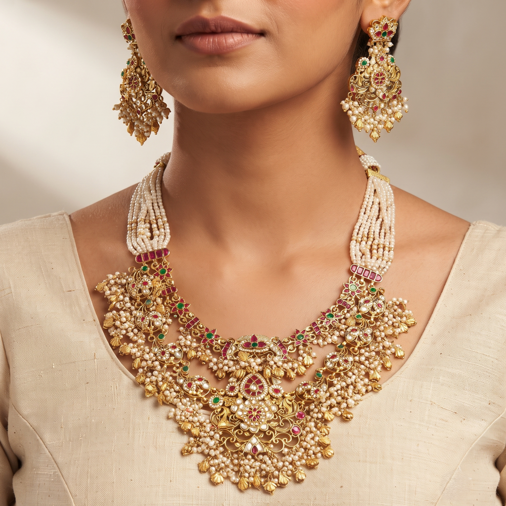 Traditional Kundan Multi-Strand Wedding Necklace Set