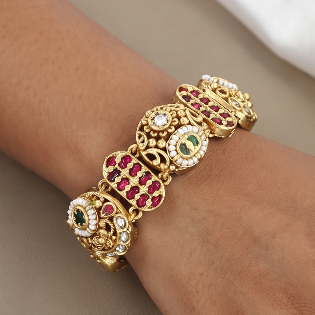 Traditional Gold-Plated Ruby Stone & Filigree Statement Bracelet