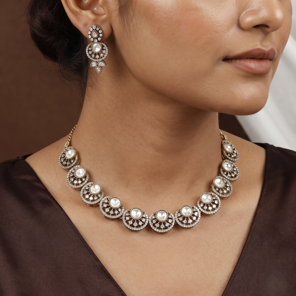 Circular Polki & Crystal Statement Necklace Set