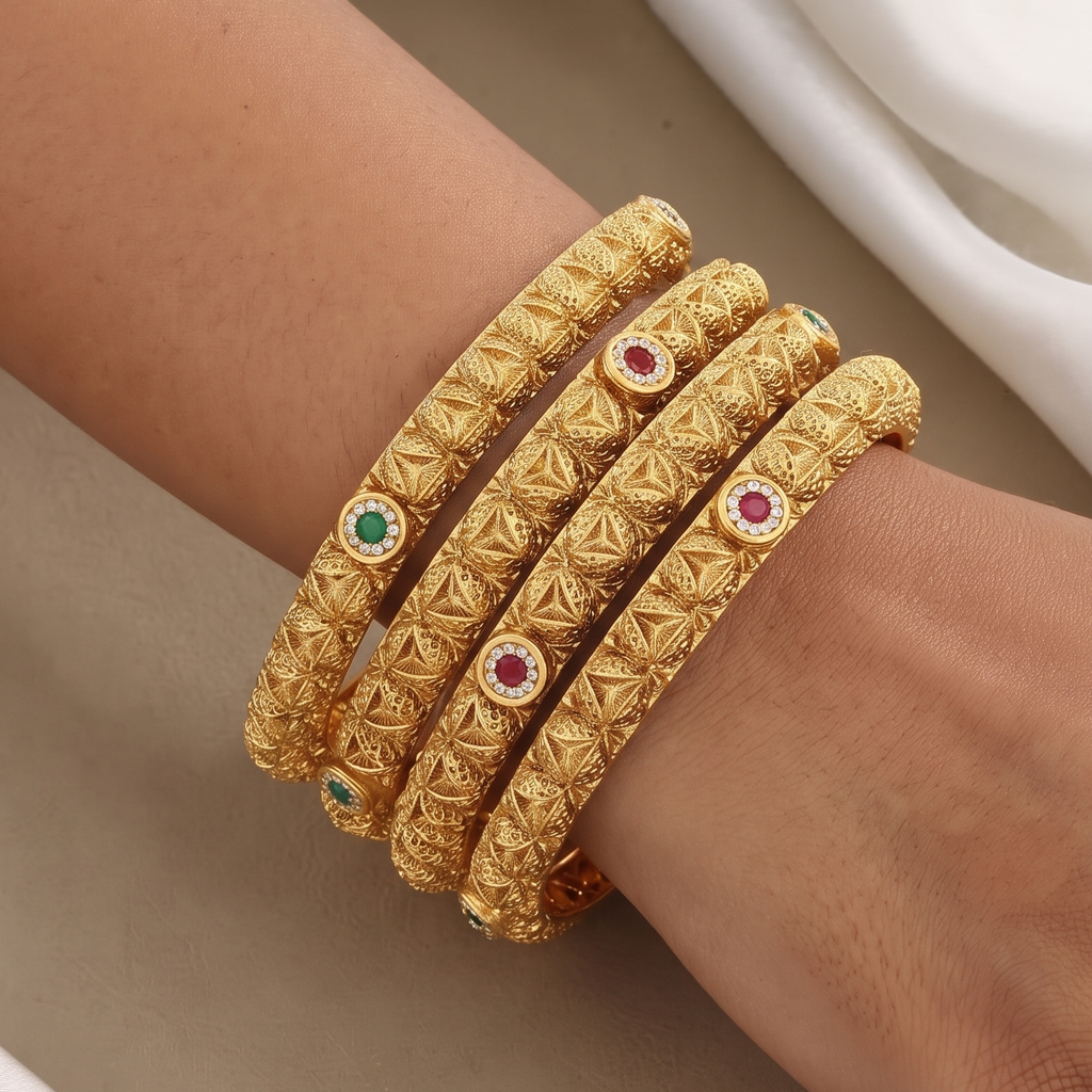 Intricate Gold-Plated Designer Bangles with Gemstones