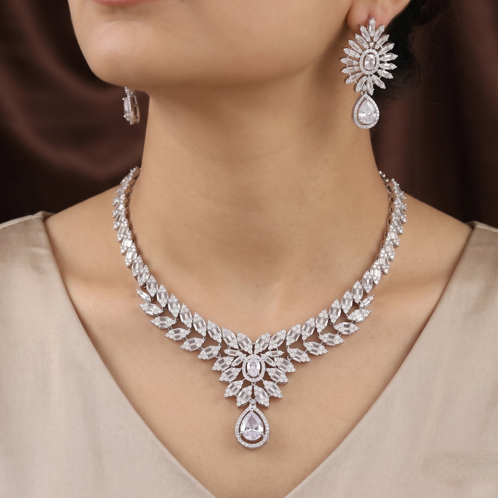 Luxe Silver Cubic Zirconia Bridal Necklace & Earrings Set