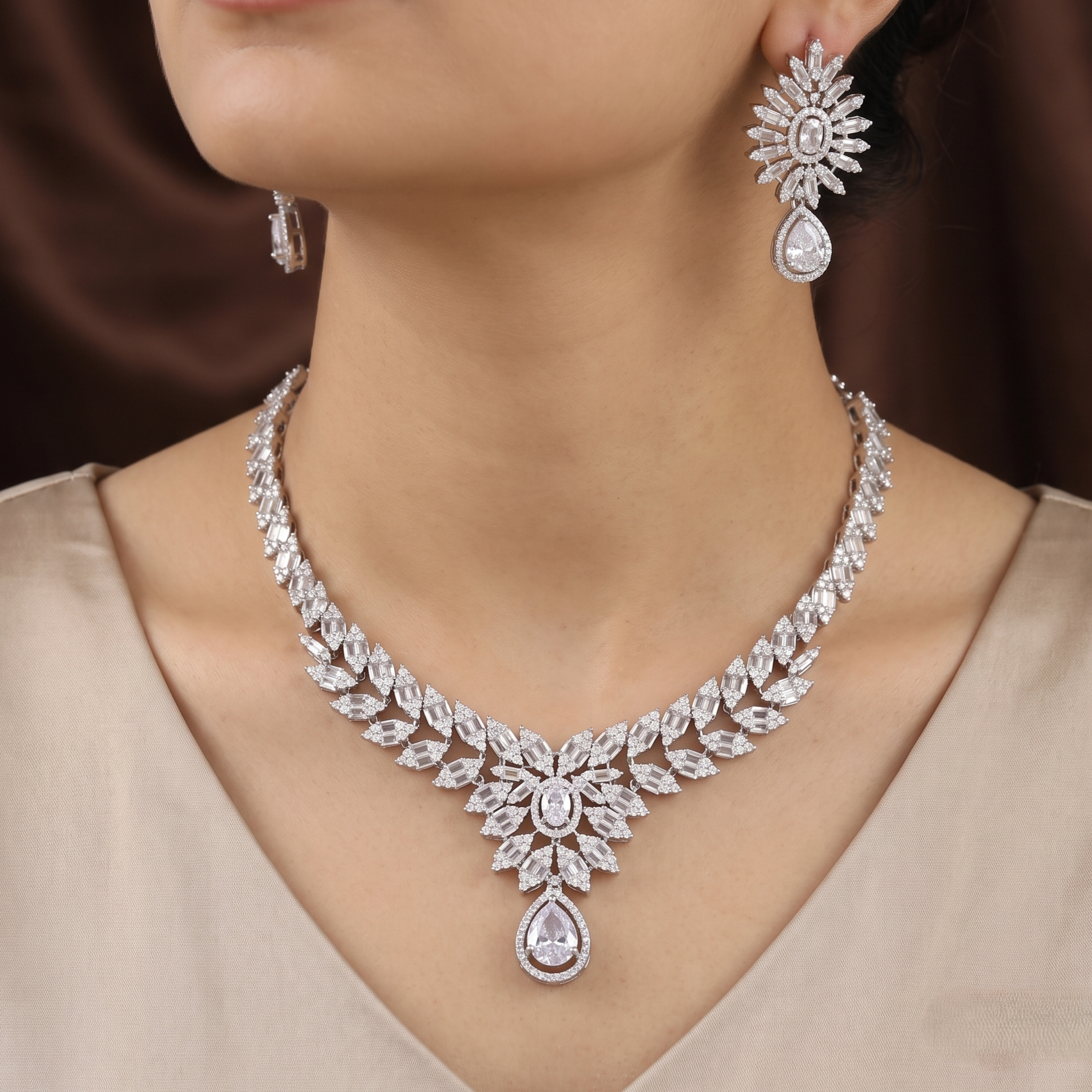 Luxe Silver Cubic Zirconia Bridal Necklace & Earrings Set