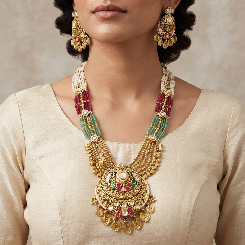 Traditional Gold-Plated Multi-Strand Long Wedding Necklace Set