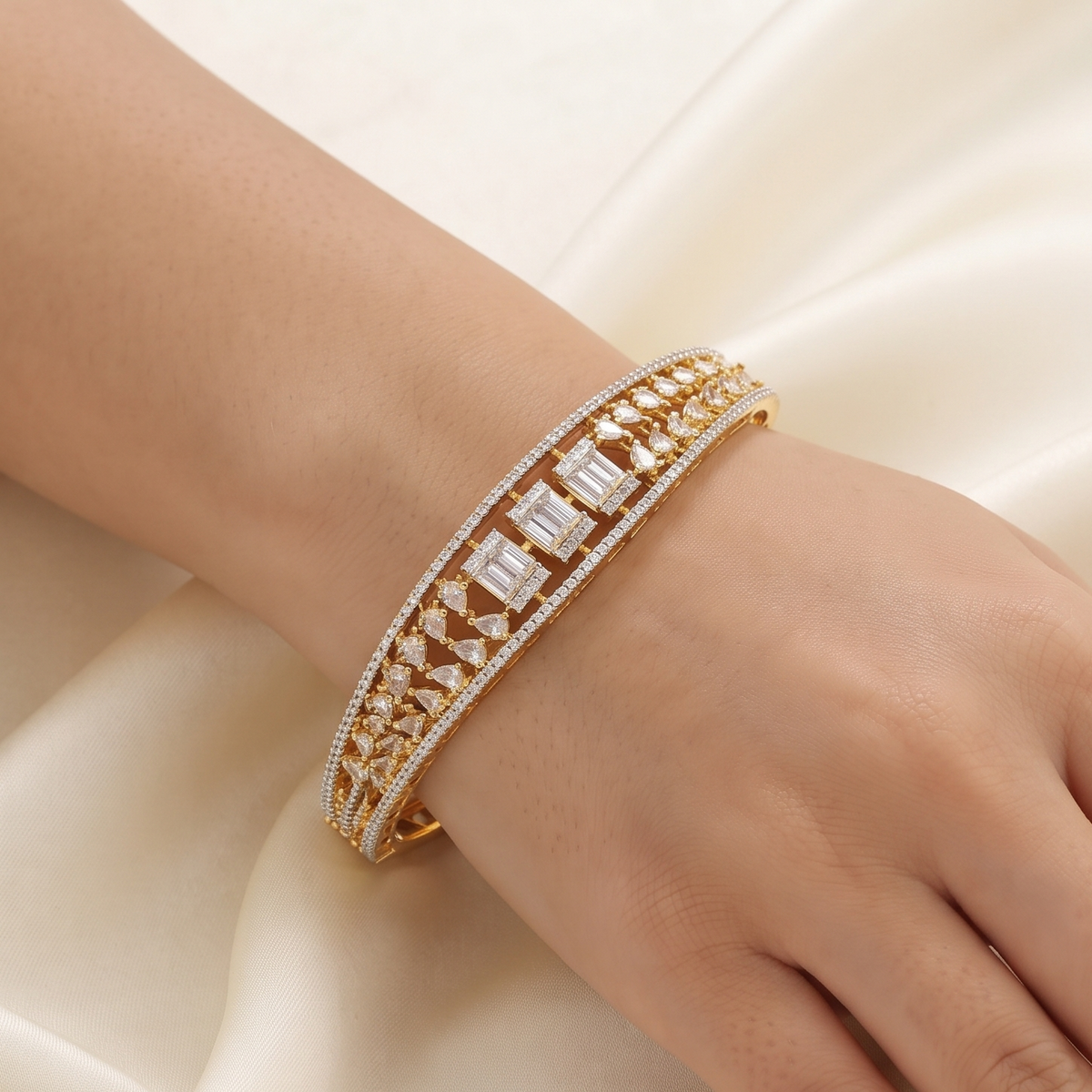 Baguette & Pear Stone Gold Finish Diamond Bangle Bracelet