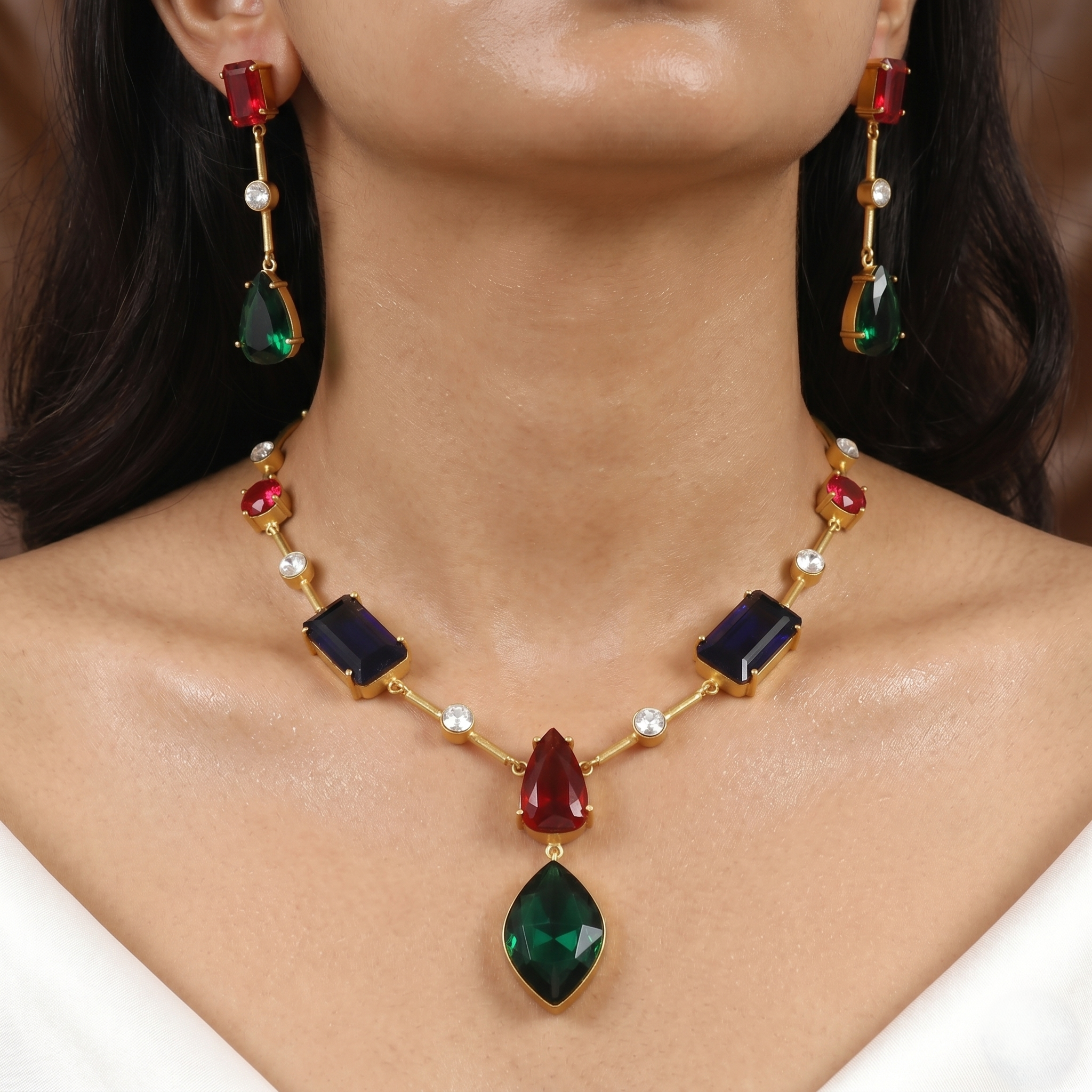 Gold-Plated Multicolor Gemstone Necklace & Drop Earrings Set