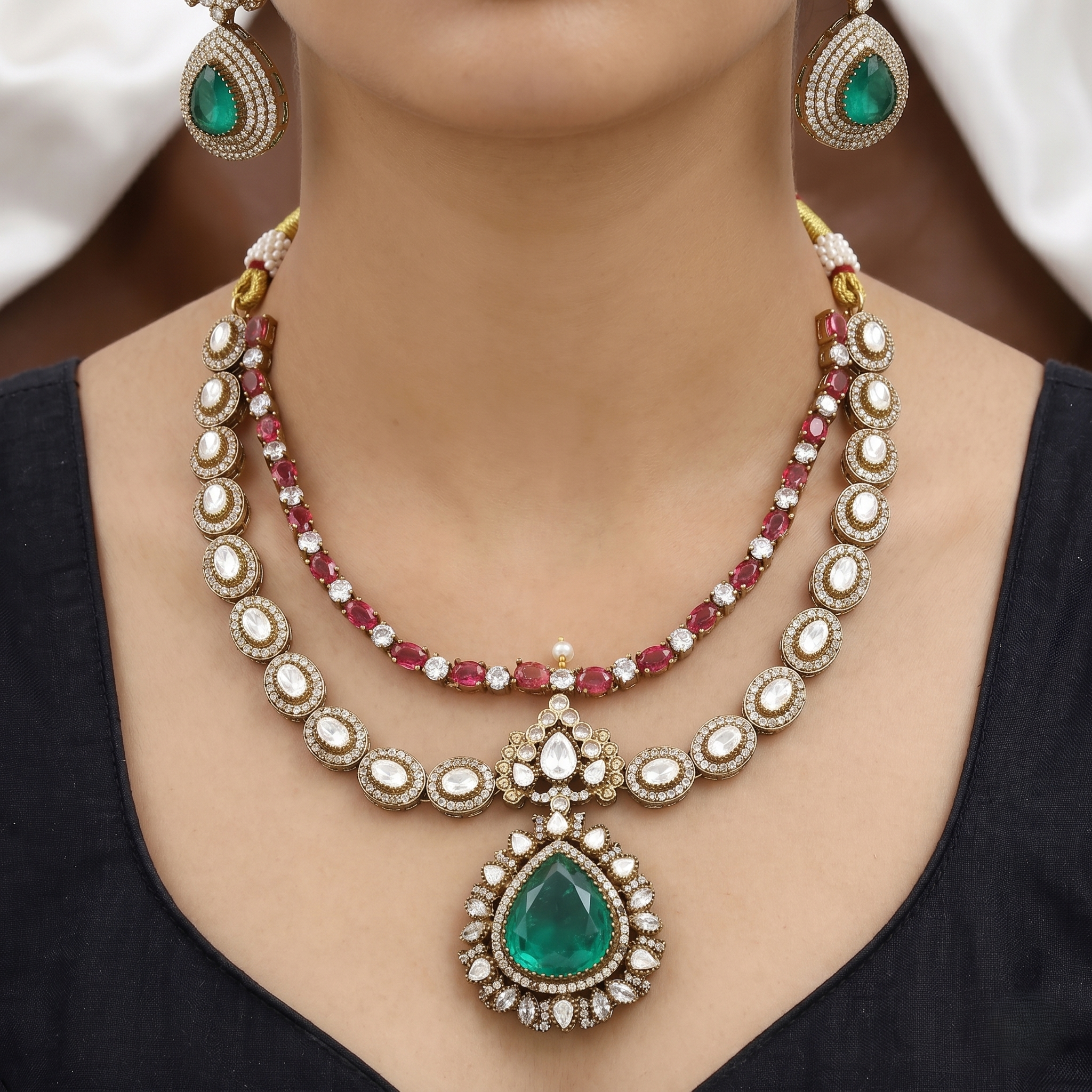 Kundan & Emerald Green Layered Necklace Set with Earrings