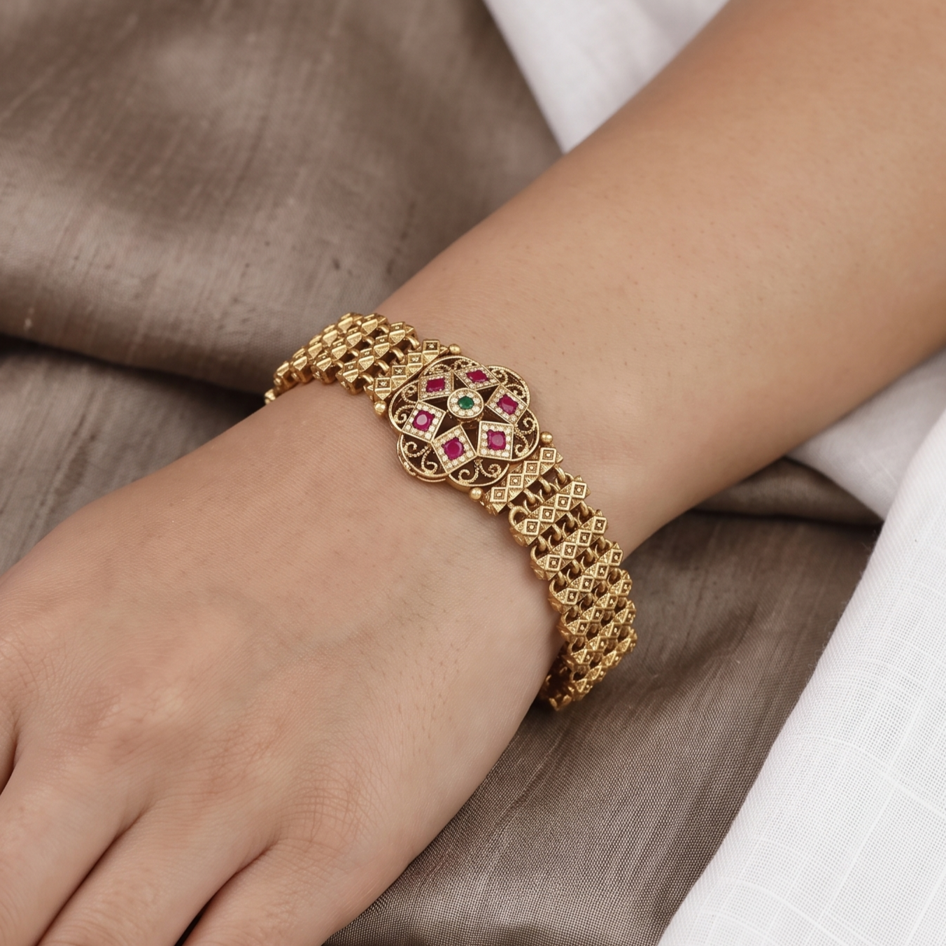 Antique Gold Broad Statement Bracelet with Ruby & Emerald Stones