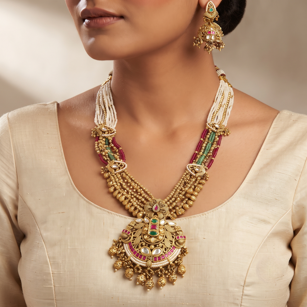 Traditional Gold-Plated Multi-Strand Long Necklace Set
